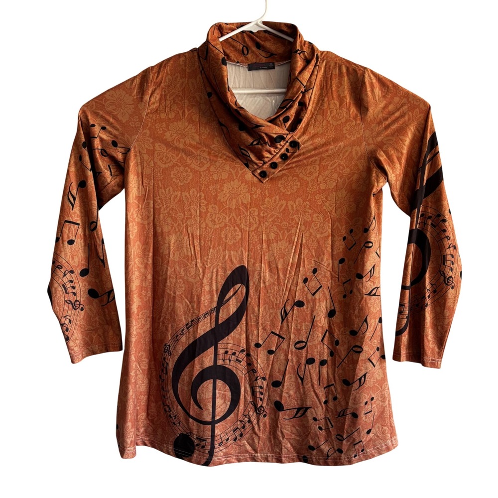 Azalea by Firmiana Music Teacher Notes Treble Clef Cowl Neck Top Tan Womens 1X
